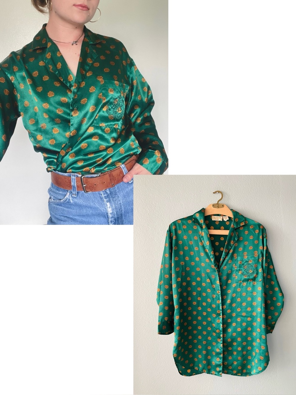 🌱5/$25🌱 Victoria’s Secret | Vtg Gold Label Green Printed Button-Down Pajama Top